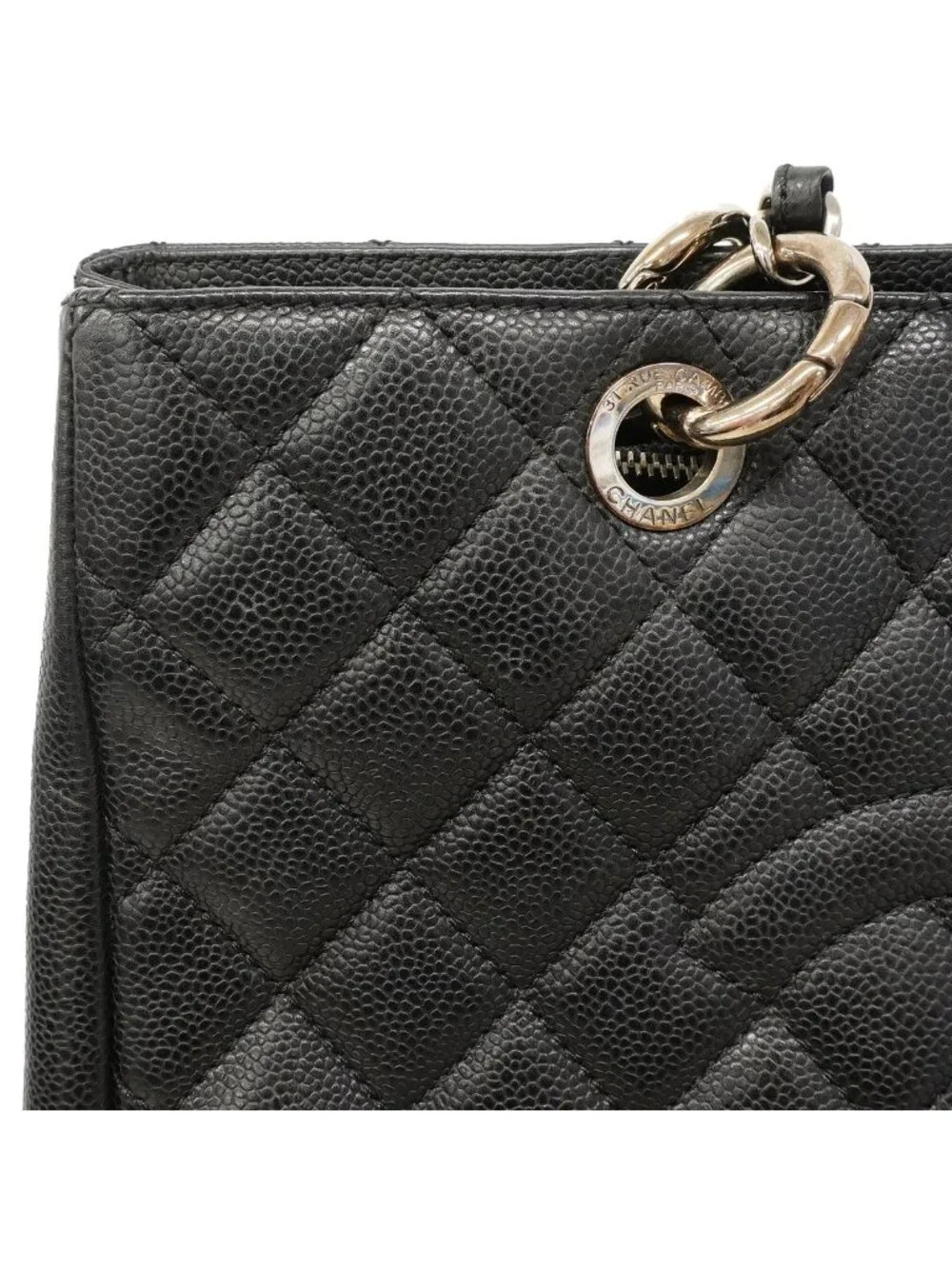 Chanel Chain Tote Quilted Caviar Leather Black Silver